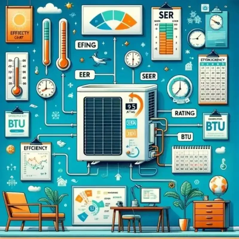 Illustrated energy efficiency dashboard with gauges, charts, thermostat, and home office furniture on teal background