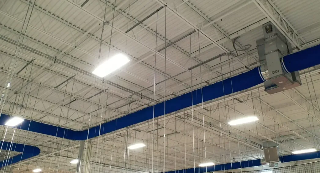 Colorful DuctSox air distribution system installed at a commercial distribution center in Fort Myers, Florida