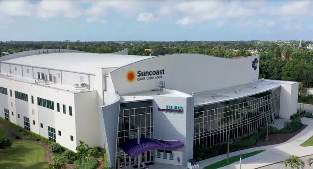 Curved-radius GAF TPO roofing system installed at Suncoast Credit Union Arena in Fort Myers, Florida
