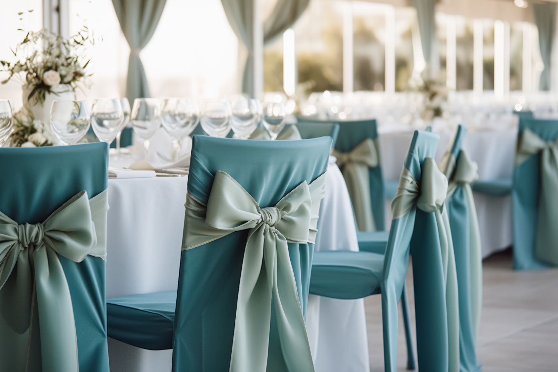 A restaurant with tables and chairs decorated for a wedding reception.