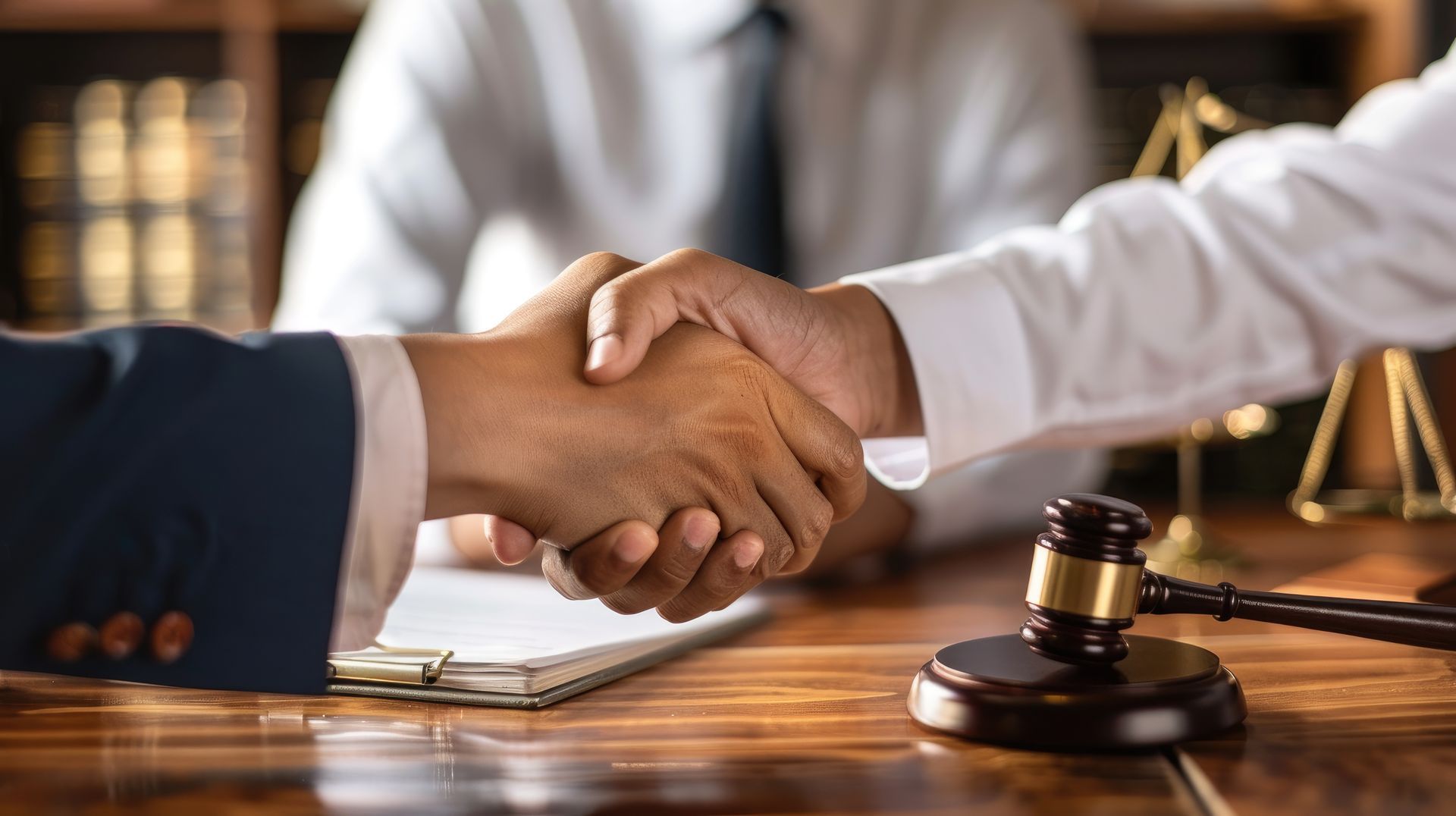 A lawyer is shaking hands with a client in a courtroom.