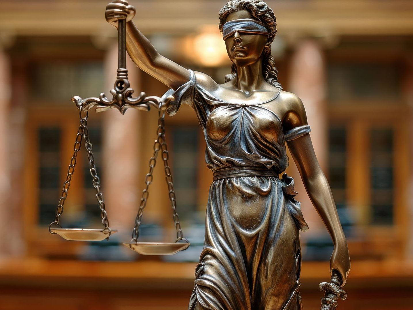 A statue of a blindfolded lady justice holding scales of justice.
