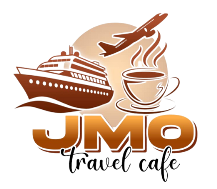 A logo for jmo travel cafe with a cruise ship and a cup of coffee