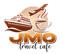 A logo for jmo travel cafe with a cruise ship and a cup of coffee