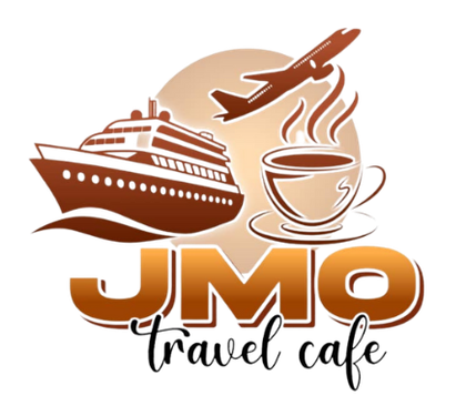 A logo for jmo travel cafe with a cruise ship and a cup of coffee