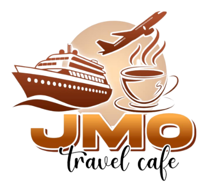 A logo for jmo travel cafe with a cruise ship and a cup of coffee