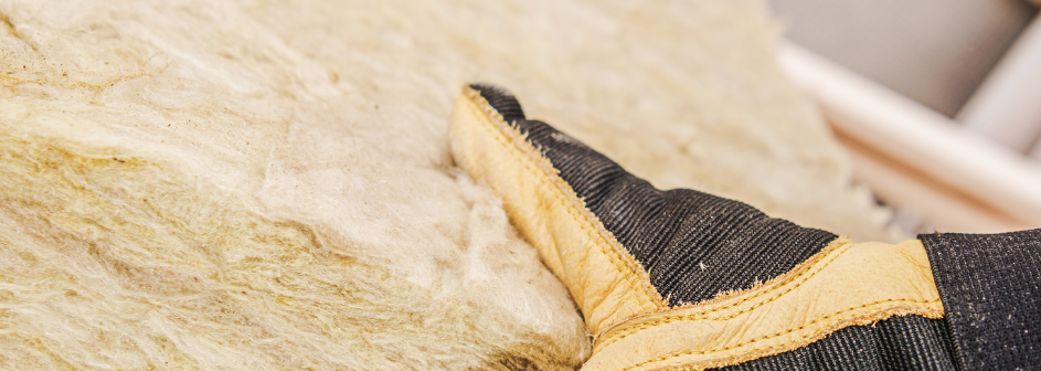 A person wearing gloves is holding a piece of fiber glass insulation in maryland