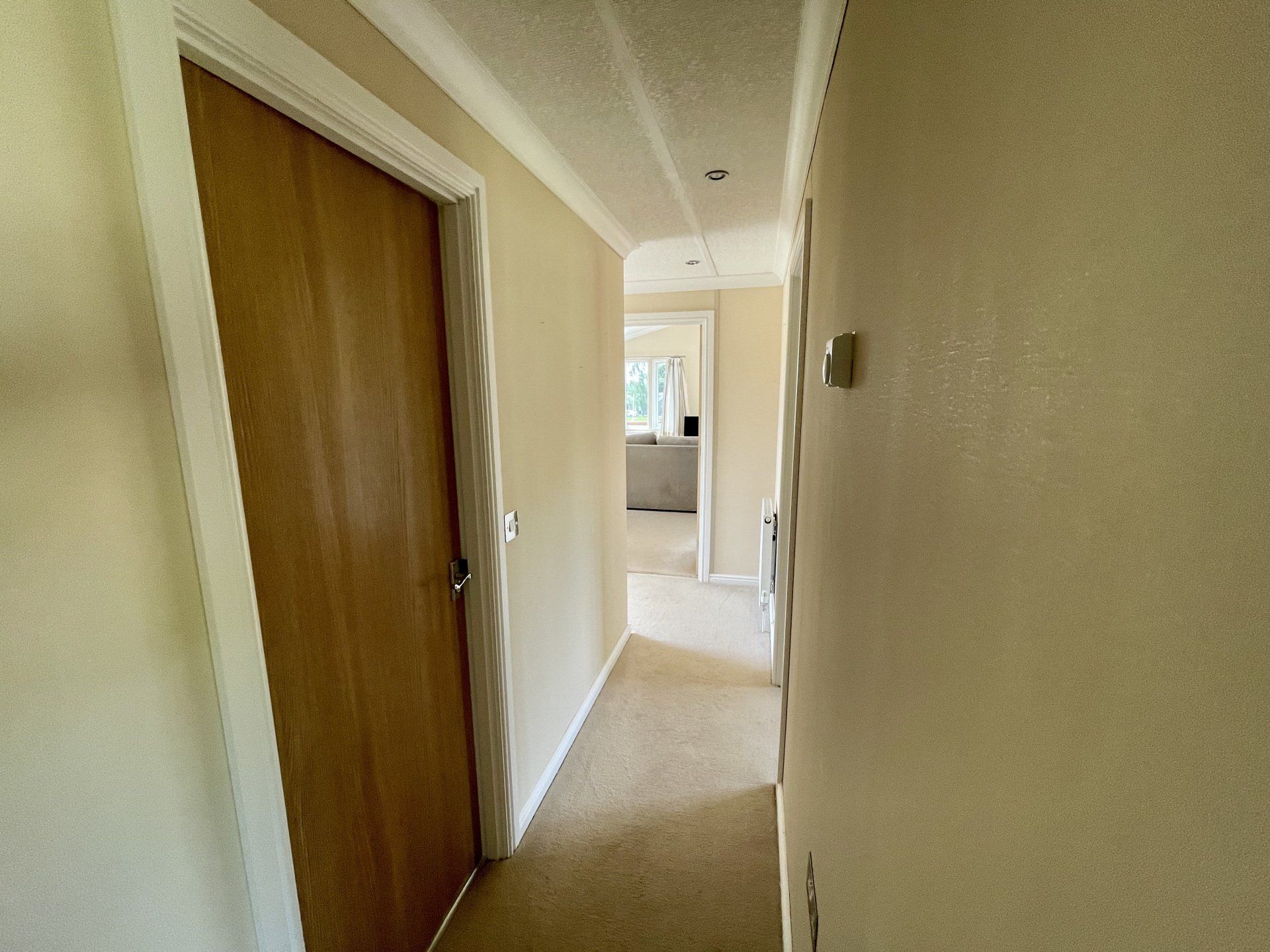 A hallway with a wooden door and a carpeted floor leading to a living room.