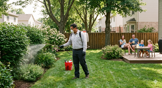 Person spraying a lush backyard garden while others sit at a patio table nearby.