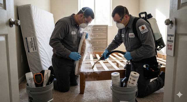 Two workers in gray uniforms and blue gloves inspect a table in a bright room with supplies nearby