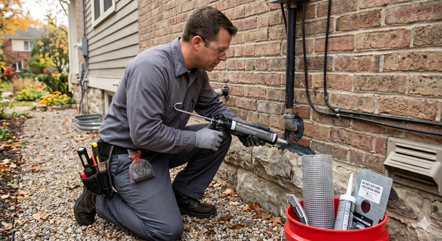 Technician using a drill on a brick house foundation beside a red bucket of tools and supplies