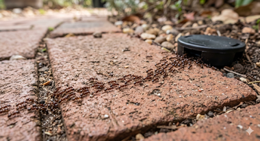 Close-up of a brick paver walkway with a black garden light beside it.