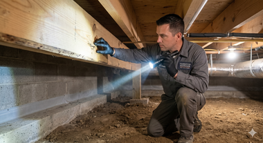 Person inspecting wooden beams under a house with a flashlight in a crawlspace
