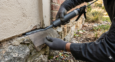 Worker scraping old paint from an exterior wall with a long-handled tool and wire brush