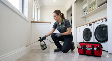 Cleaner kneeling in laundry room, wiping floor beside washers and cleaning caddy