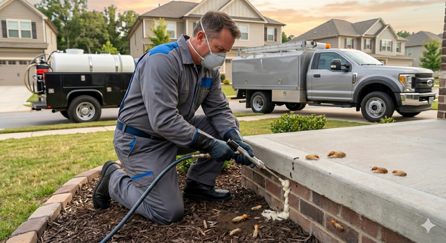 Worker kneeling by a curb, using a power tool to cut concrete in a suburban yard.