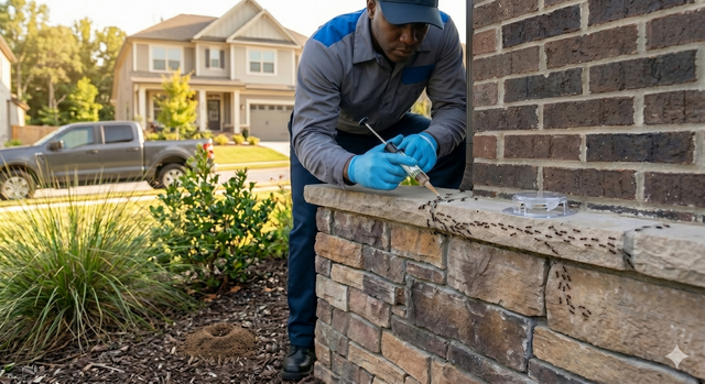 Worker in blue gloves repairing a brick wall beside a house in a suburban yard