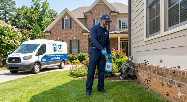 Worker in blue uniform spraying treatment along a house foundation beside a service van