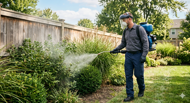 Person spraying water on hedges in a sunny backyard garden with a fence and lawn