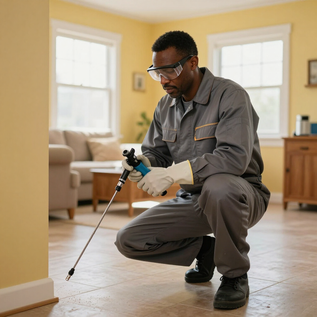 Technician in gloves sprays treatment on hardwood floor in a bright living room