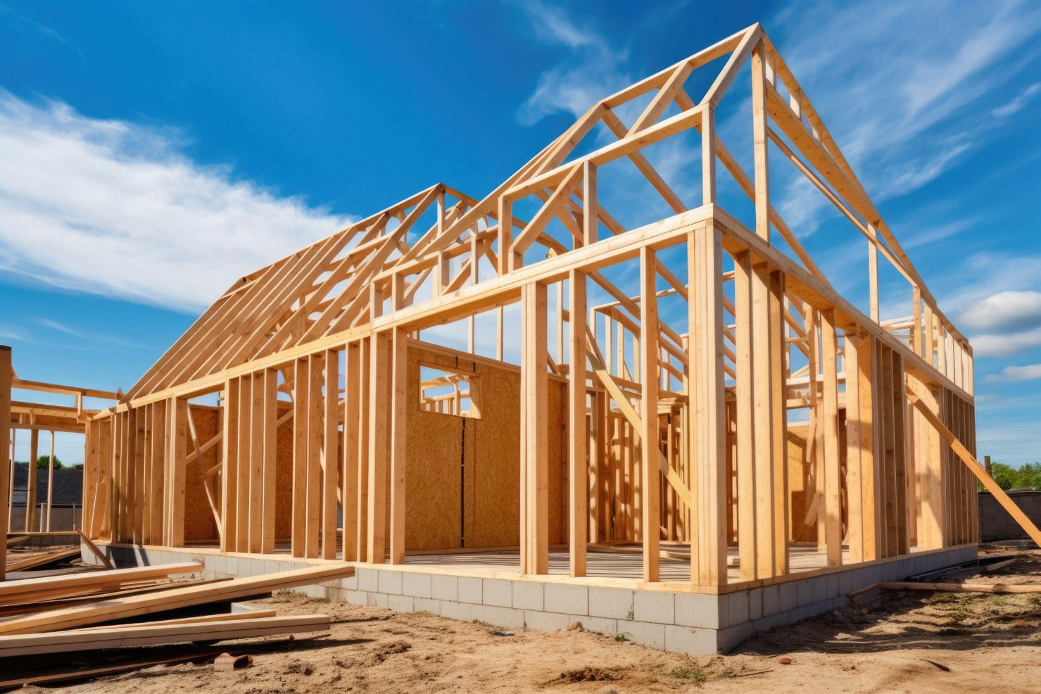 A wooden house is being built on a sunny day.