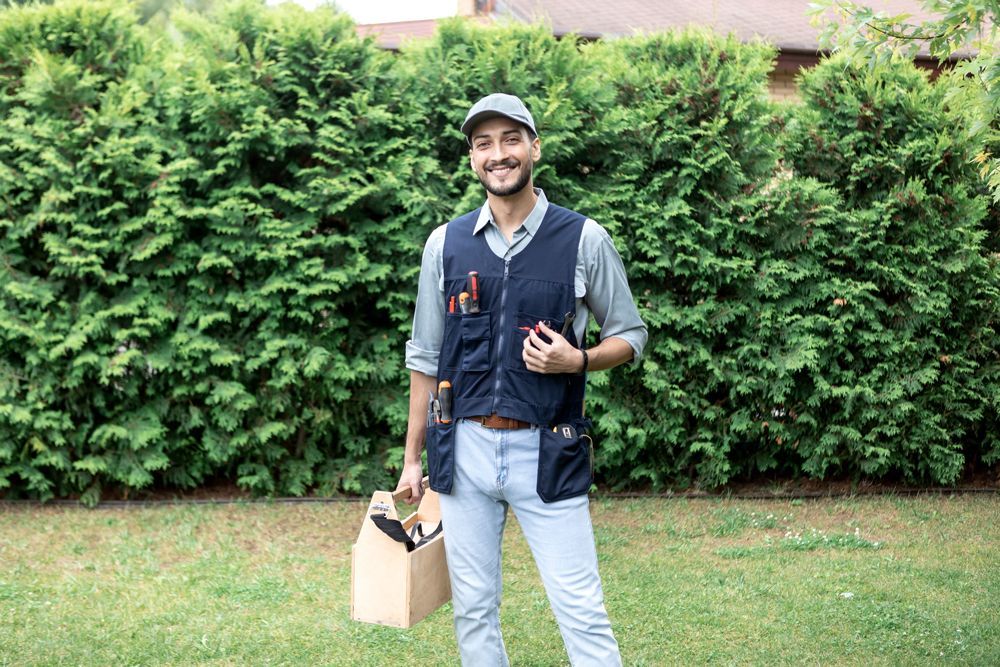 A man is standing in the grass holding a toolbox and a box.