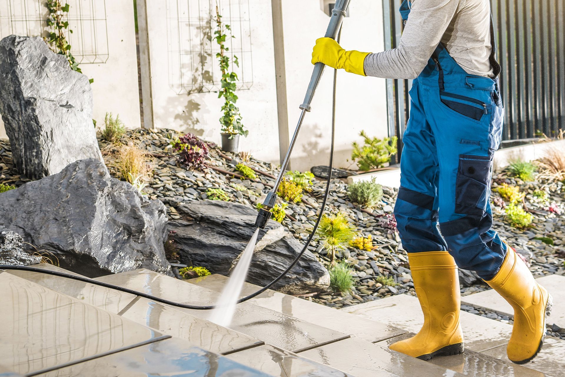 A man is using a high pressure washer to clean a sidewalk.