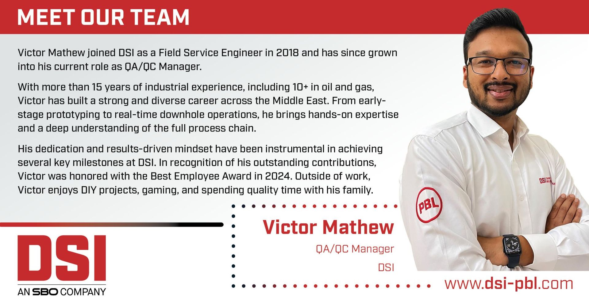 Victor Mathew, DSI Manager, smiling. Text describes his work history and experience.