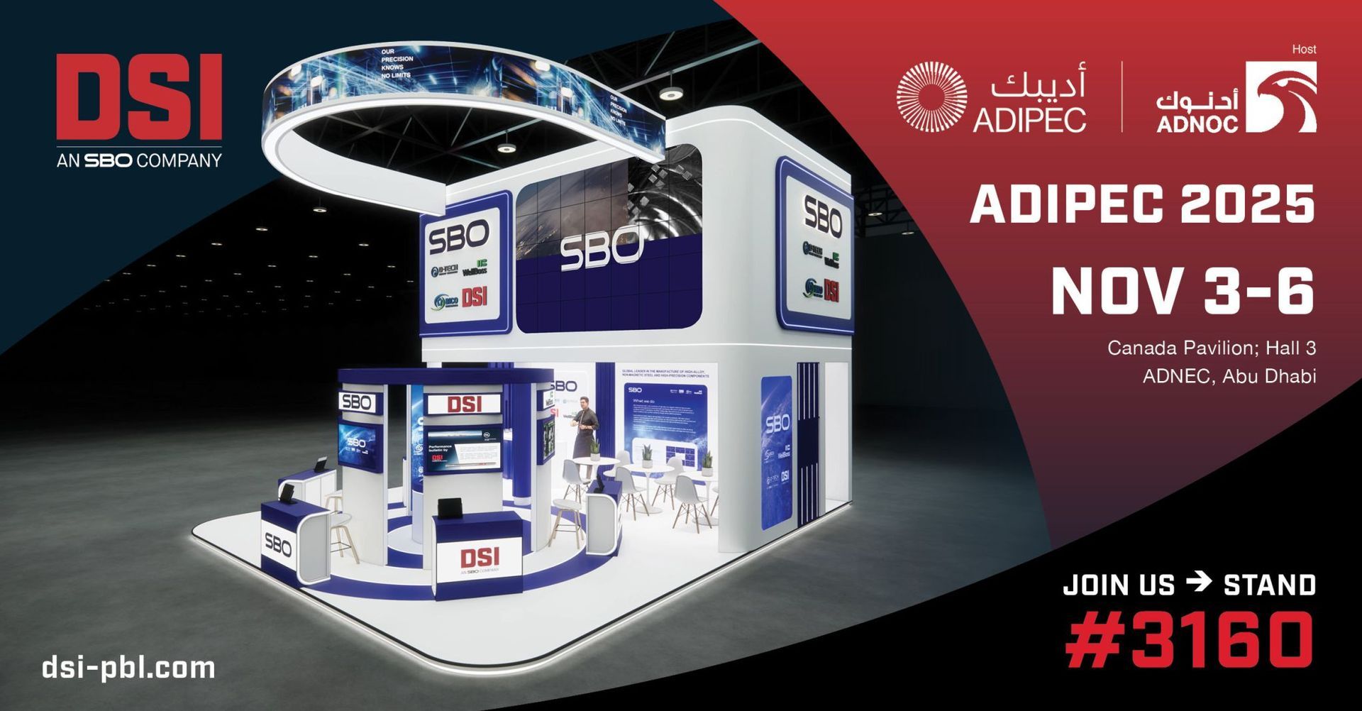 DSI booth at ADIPEC 2025 (Nov 3-6). White and blue design. Stand #3160.