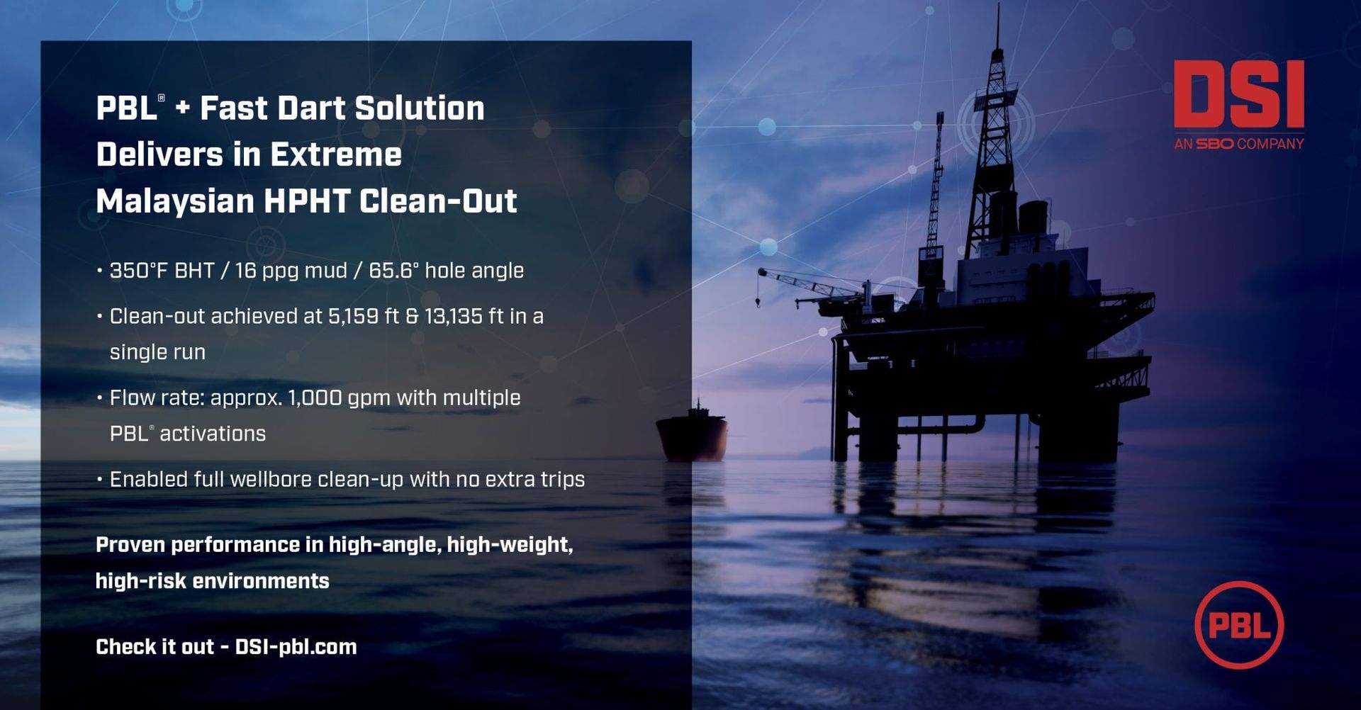 Offshore oil rig with text about a “PRL + Fast Dart Solution” for a Malaysian HPHT clean-out.