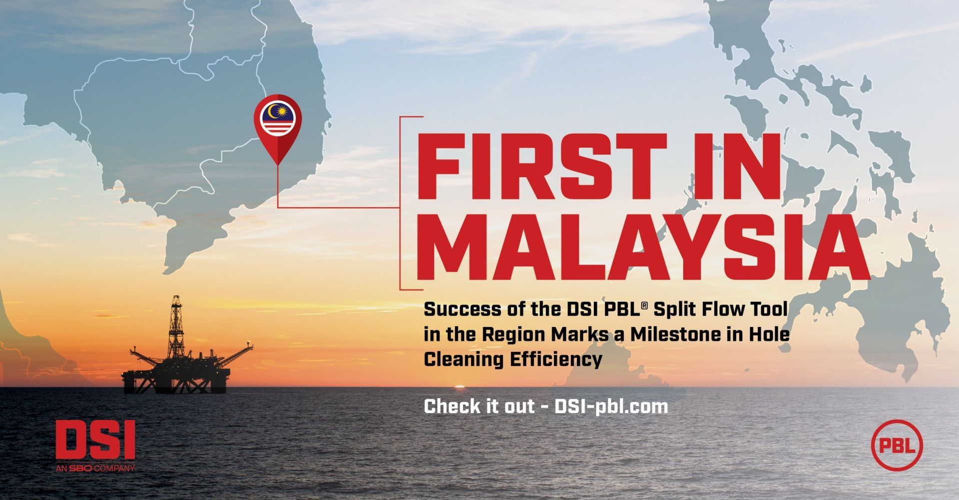 Advertisement: Malaysia with a pin, oil rig. Text: