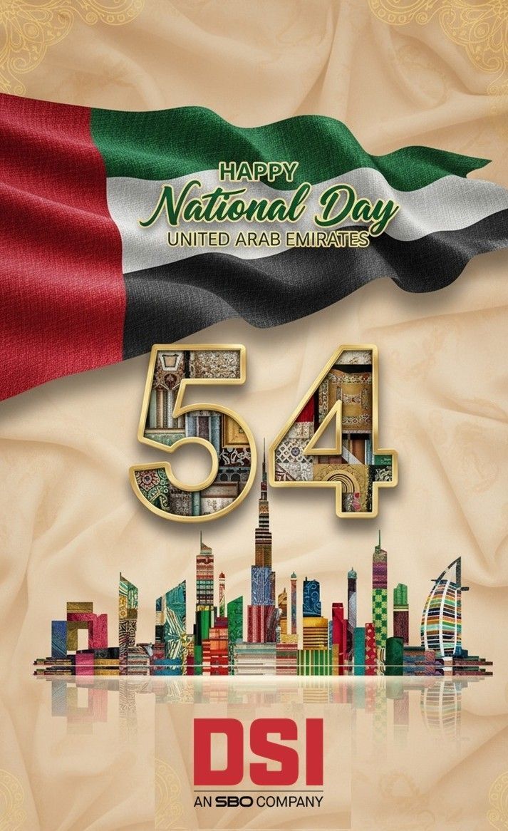 UAE National Day celebration graphic with flag, skyscrapers, and the number 54.