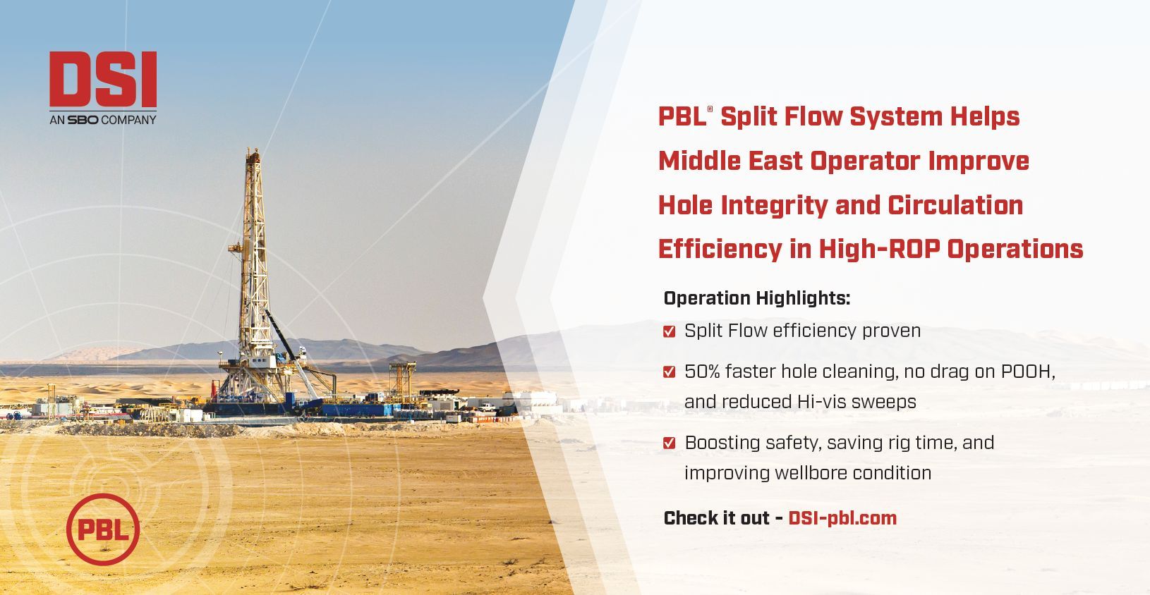 Oil rig in desert with text: