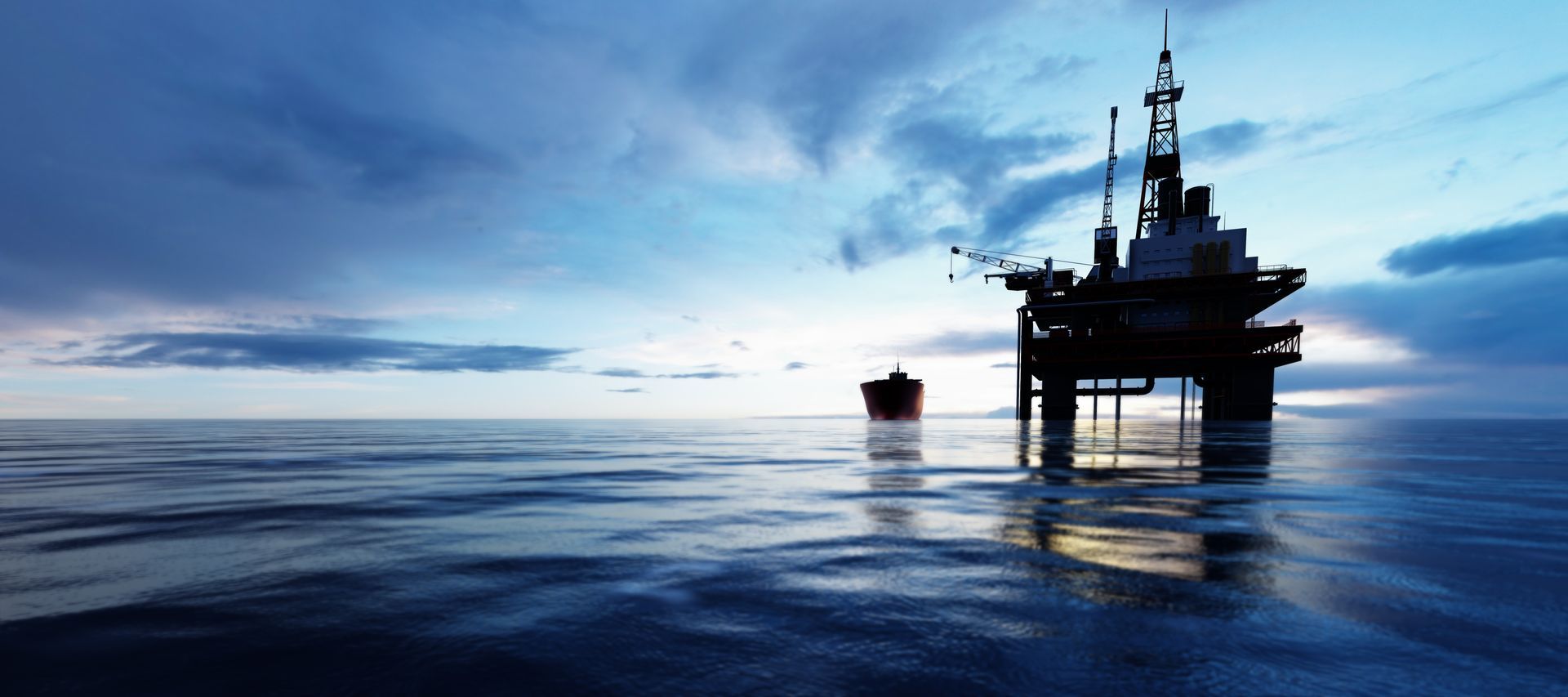 An oil rig in the middle of the ocean with a boat in the background.
