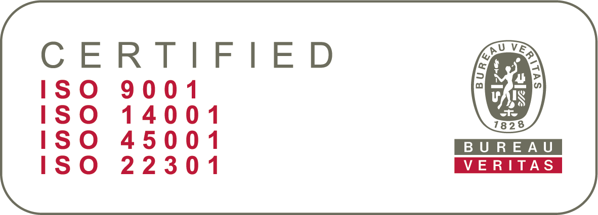 A white sign that says certified iso 9001 iso 14001 iso 45001 iso 22301