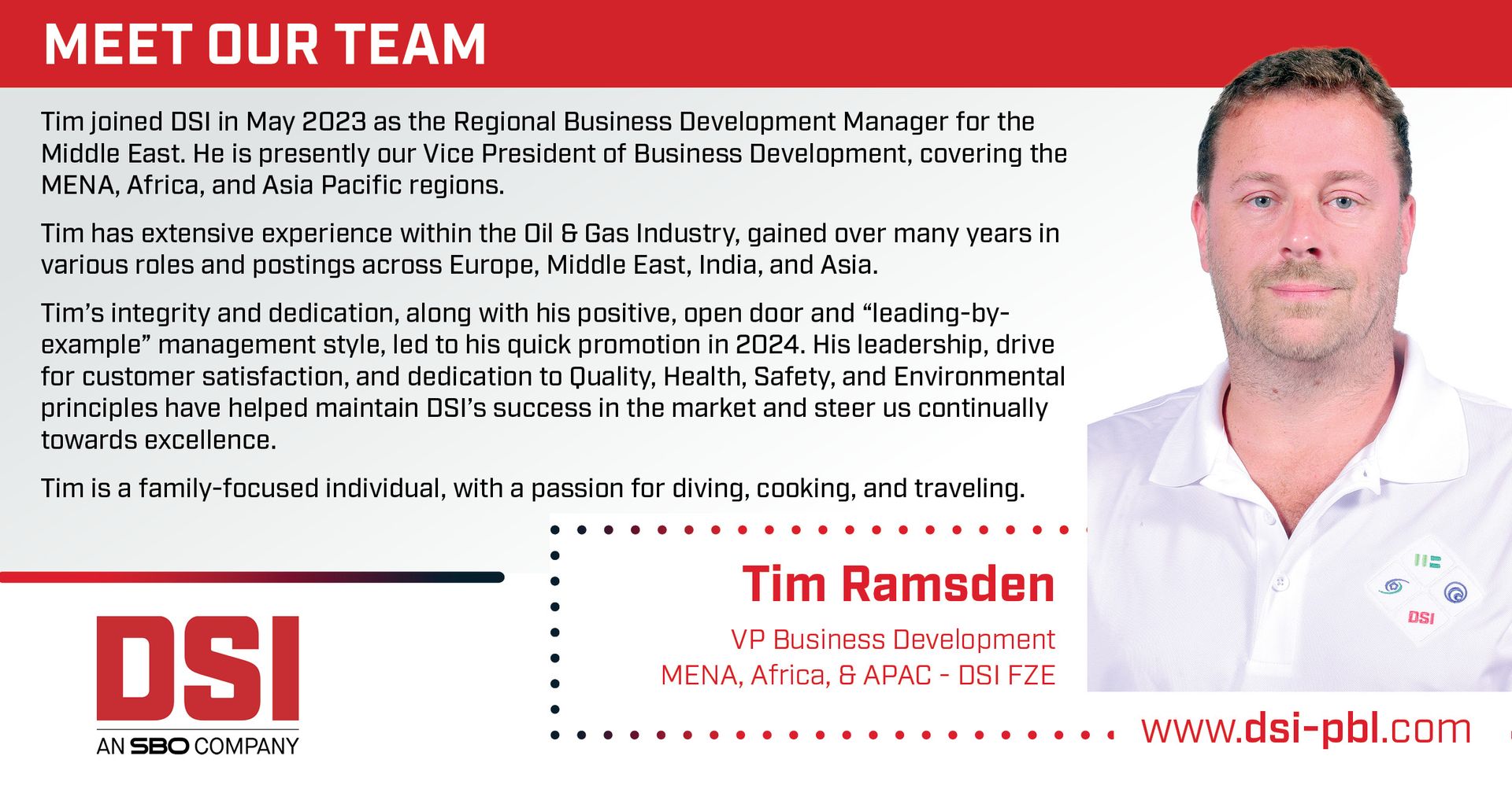 Tim Ramsden, Business Development, smiling, red background, DSI logo, website address.