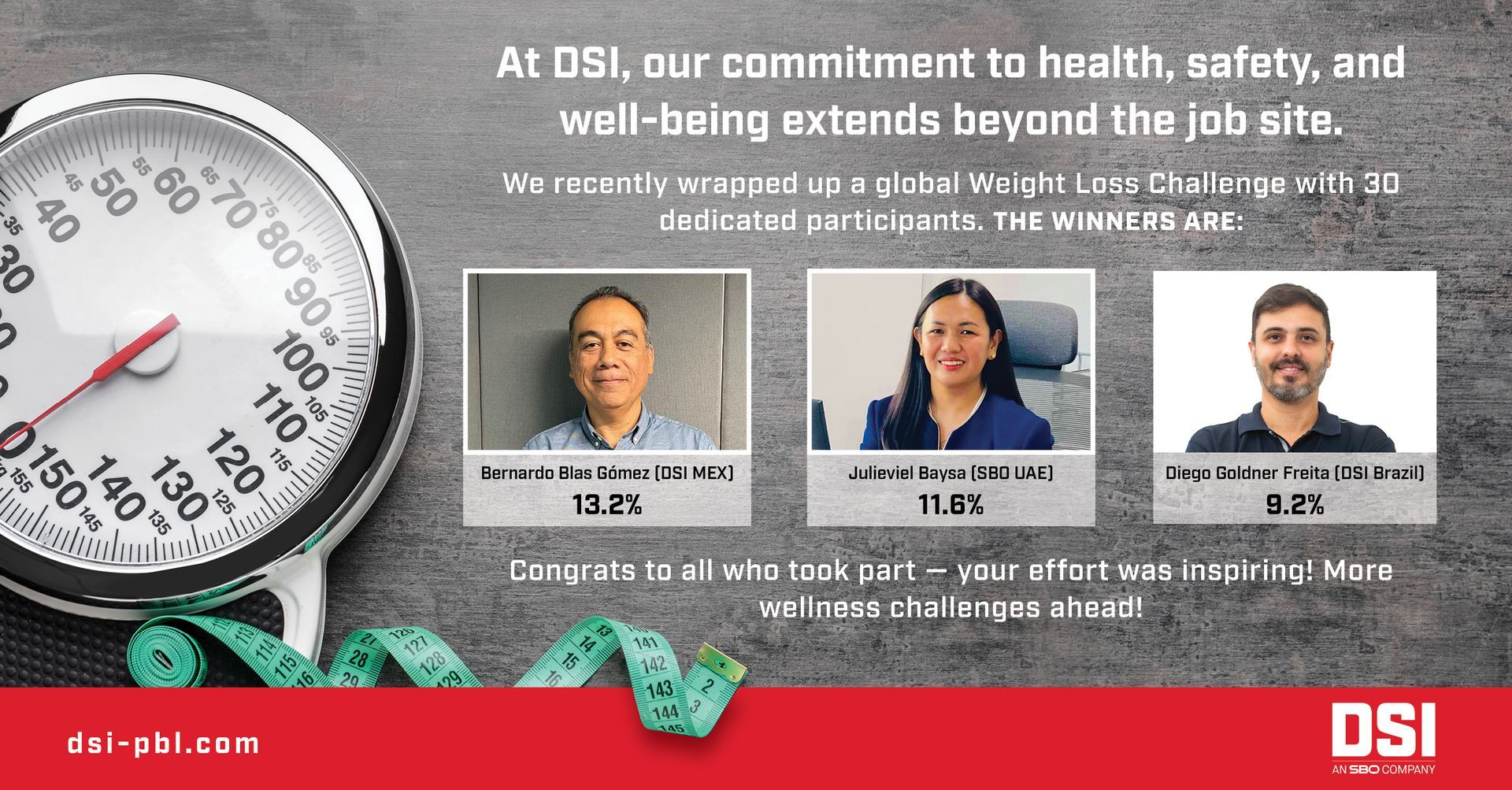 An advertisement for dsi shows a scale and three people