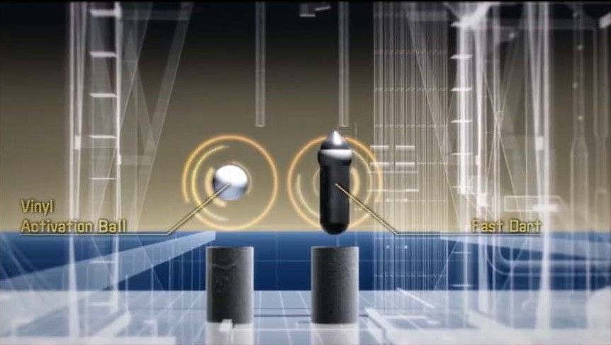 A computer generated image of a bottle being thrown at a ball.