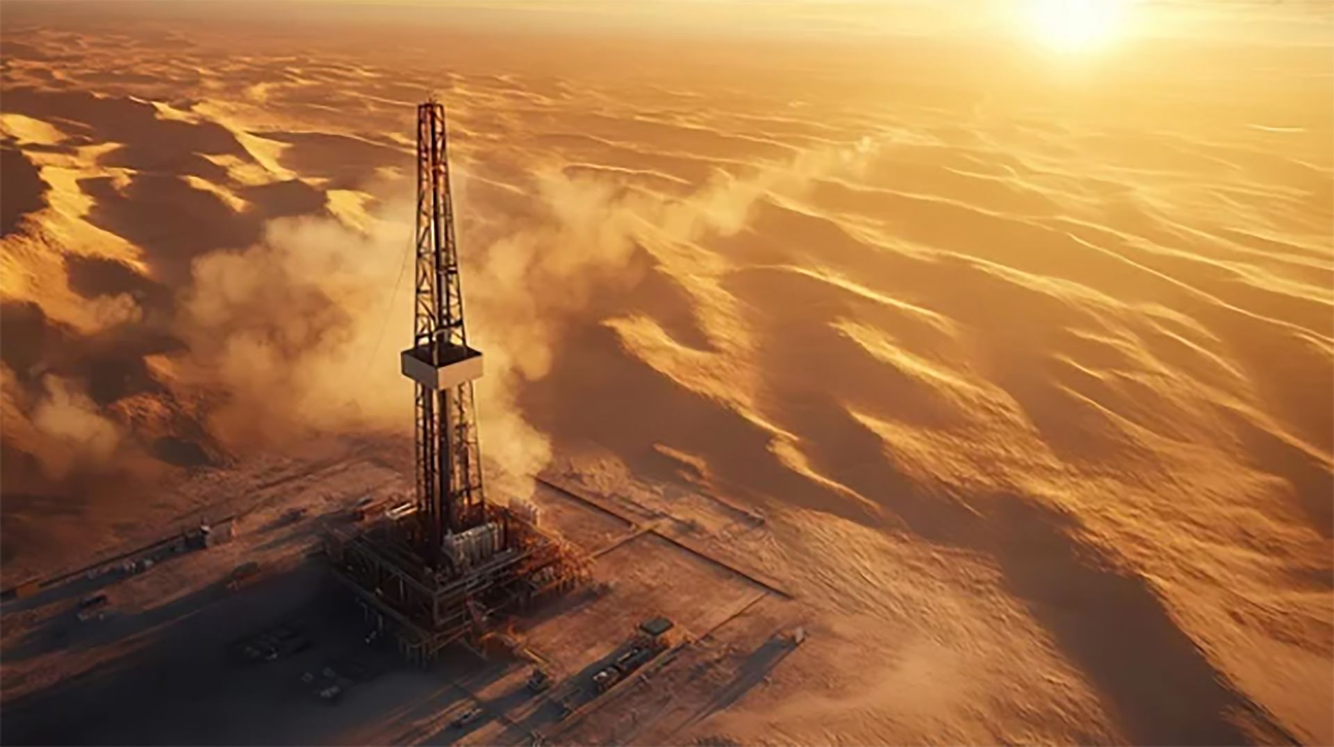 Oil rig in a desert landscape, bathed in golden sunlight. DSI performs in egypt