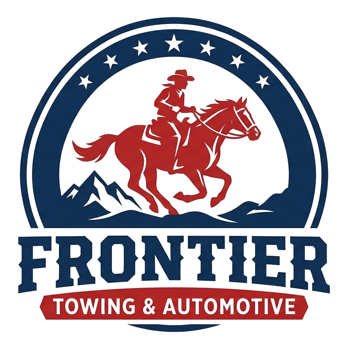 Frontier Towing & Automotive logo with red cowboy on horse and blue stars above
