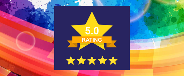 A colorful background with a yellow star that says 5.0 rating