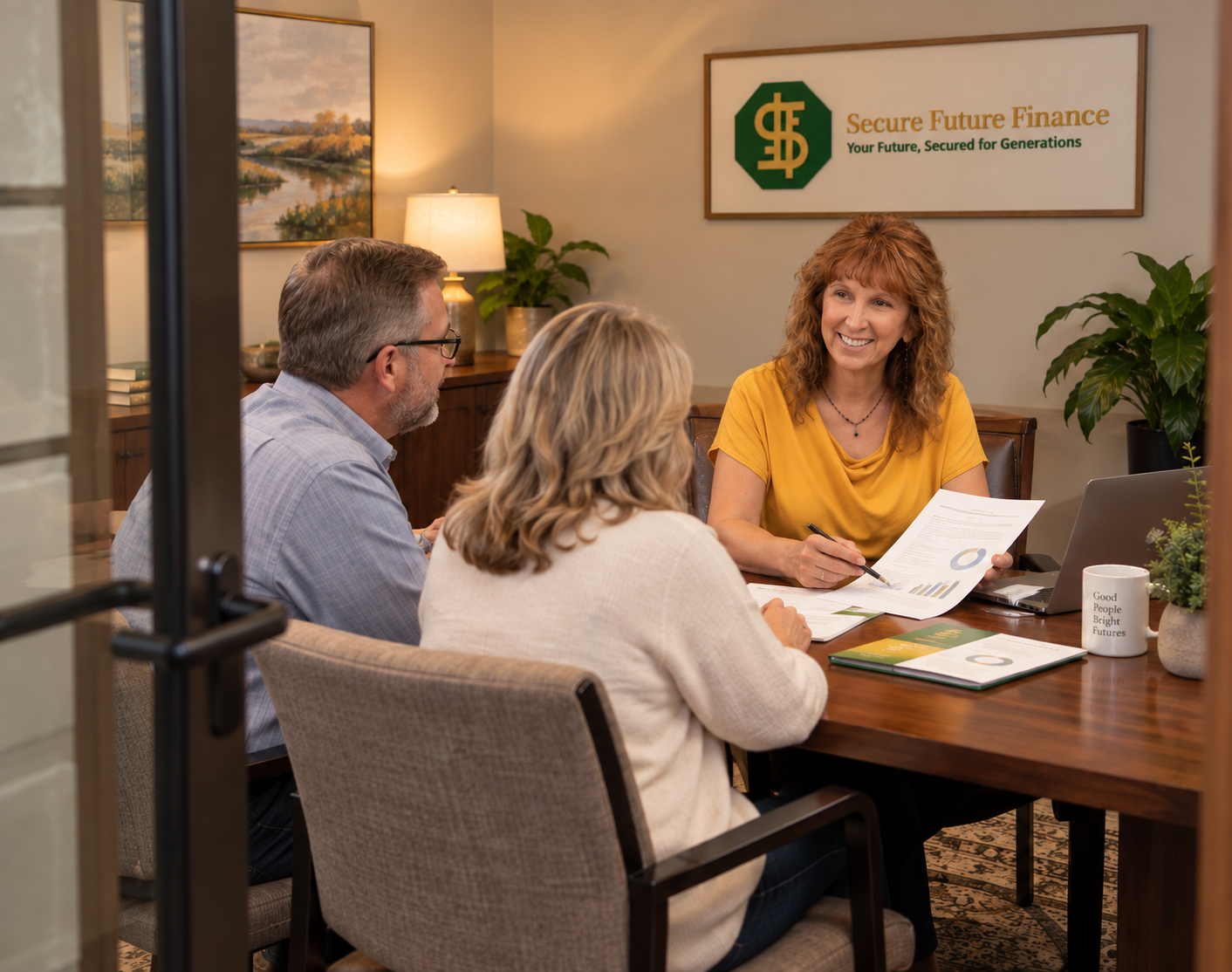 Fernandina Beach, Florida small business owner meeting with clients in a warm office, reviewing documents at a table