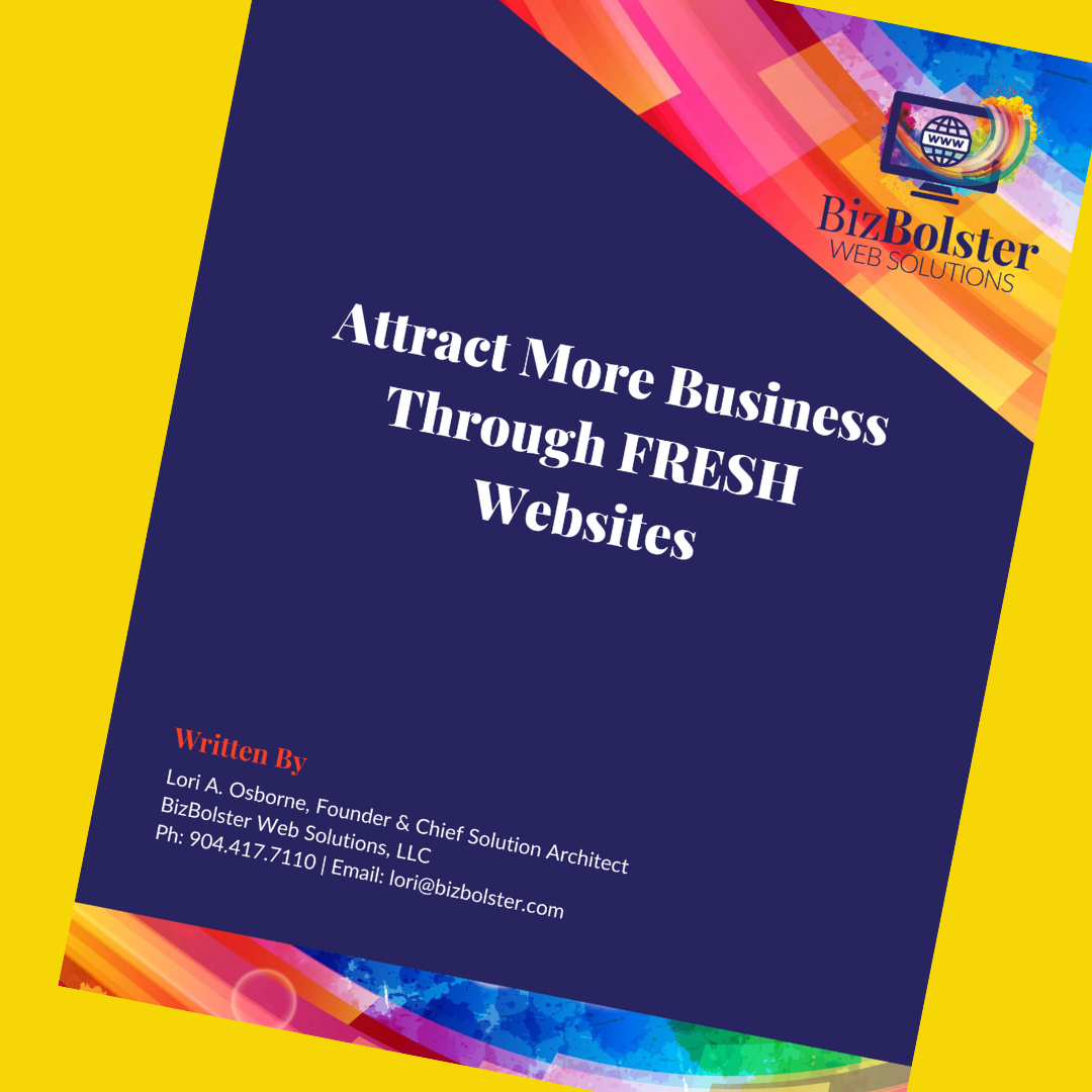 Promotional flyer with purple center and colorful border: “Attract More Business Through FRESH Website.”