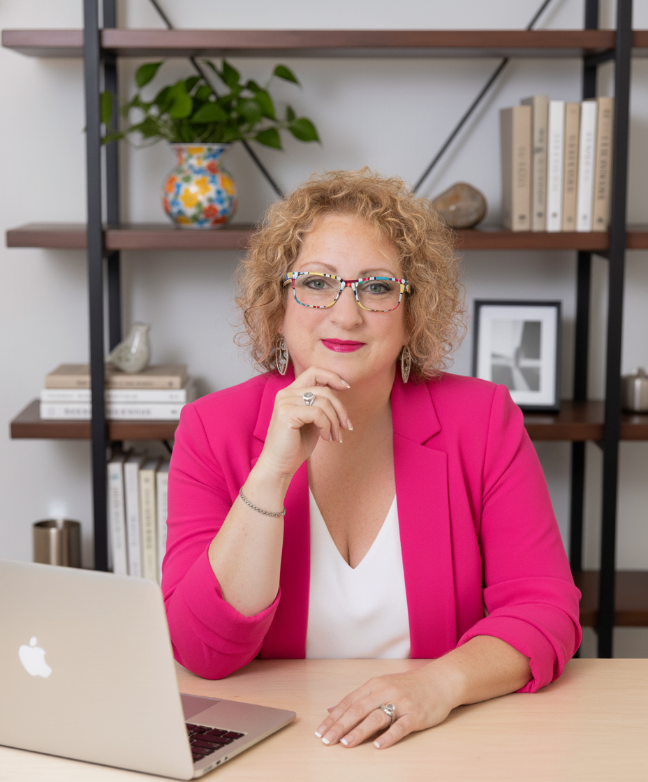 Woman in pink blazer seated at a desk with a laptop, smiling in a home office with shelves behind her