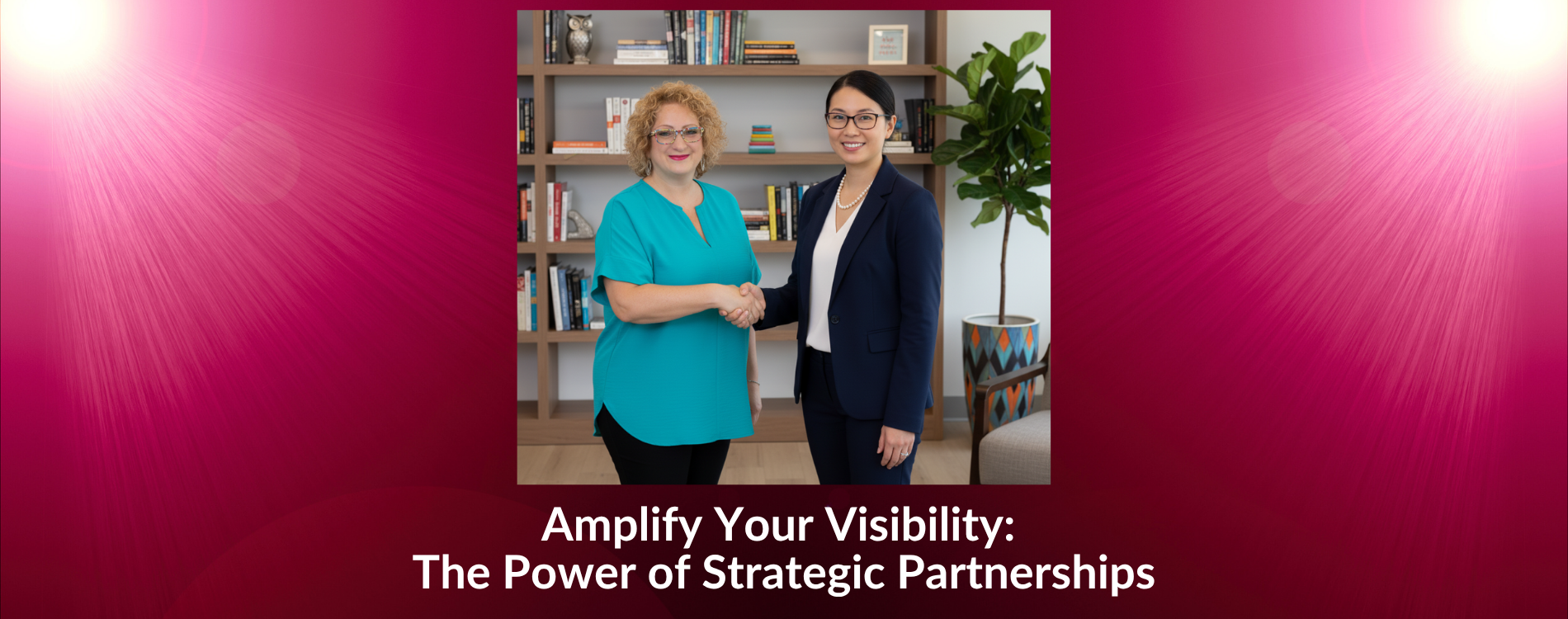 Lori Osborne and a woman shaking hands; magenta background with text 