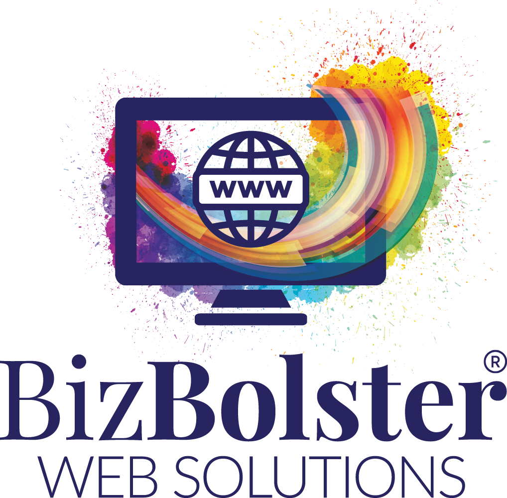 The logo for bizbolster web solutions shows a computer screen with a globe on it.