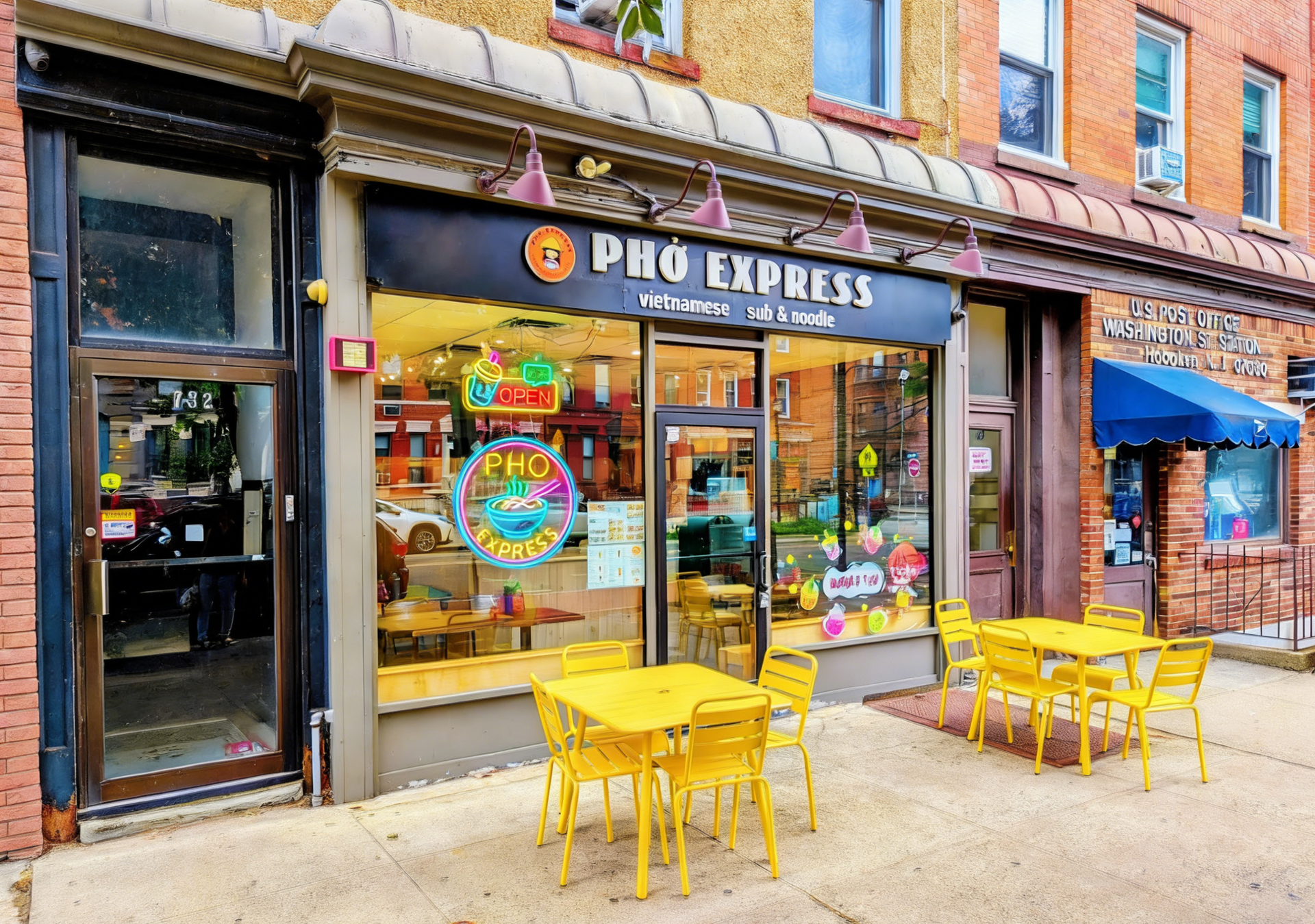 Pho Express storefront on a brick sidewalk with yellow outdoor cafe tables and chairs in front of the glass windows.