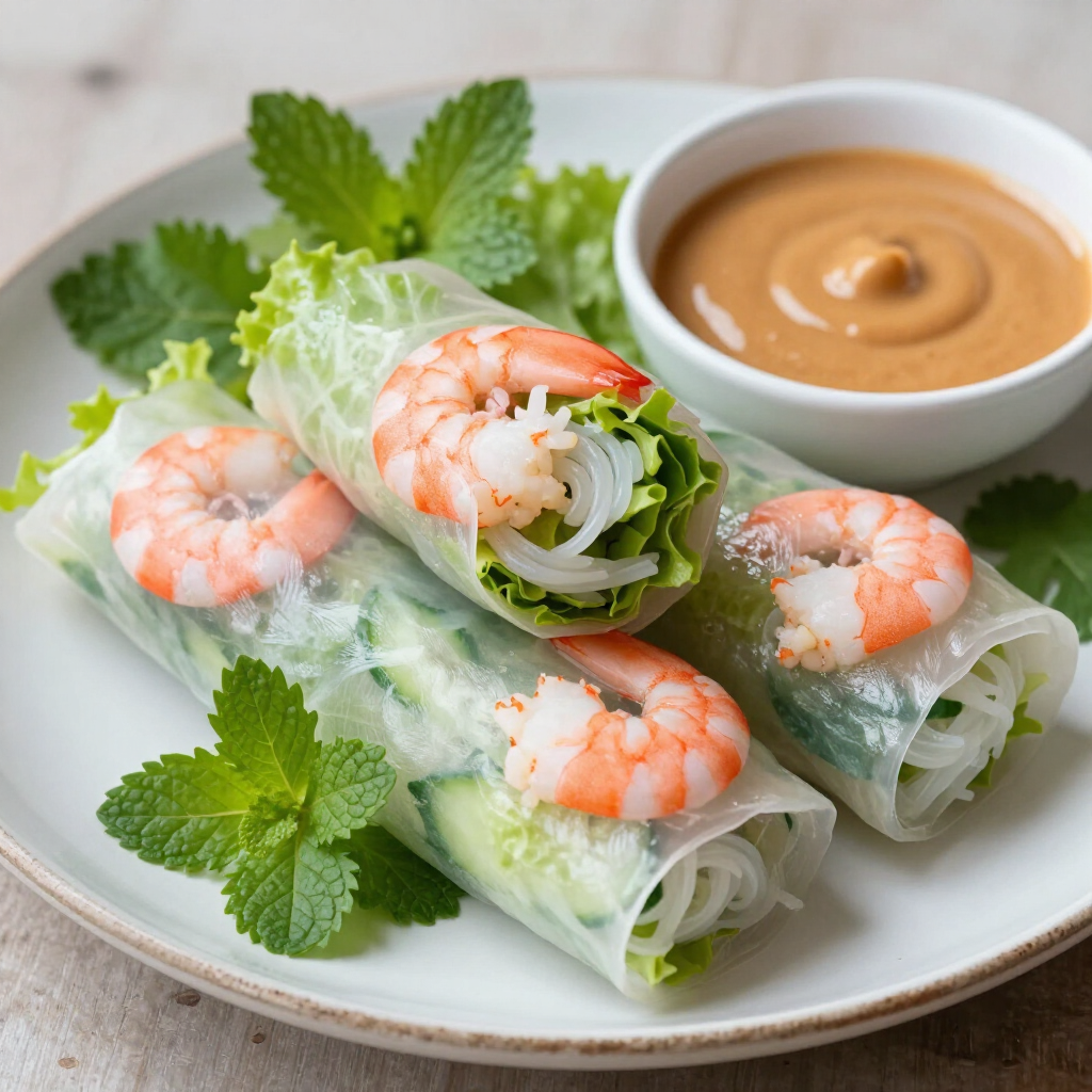 Three shrimp spring rolls with lettuce and vermicelli, garnished with mint, on a plate with a side of peanut dipping sauce.