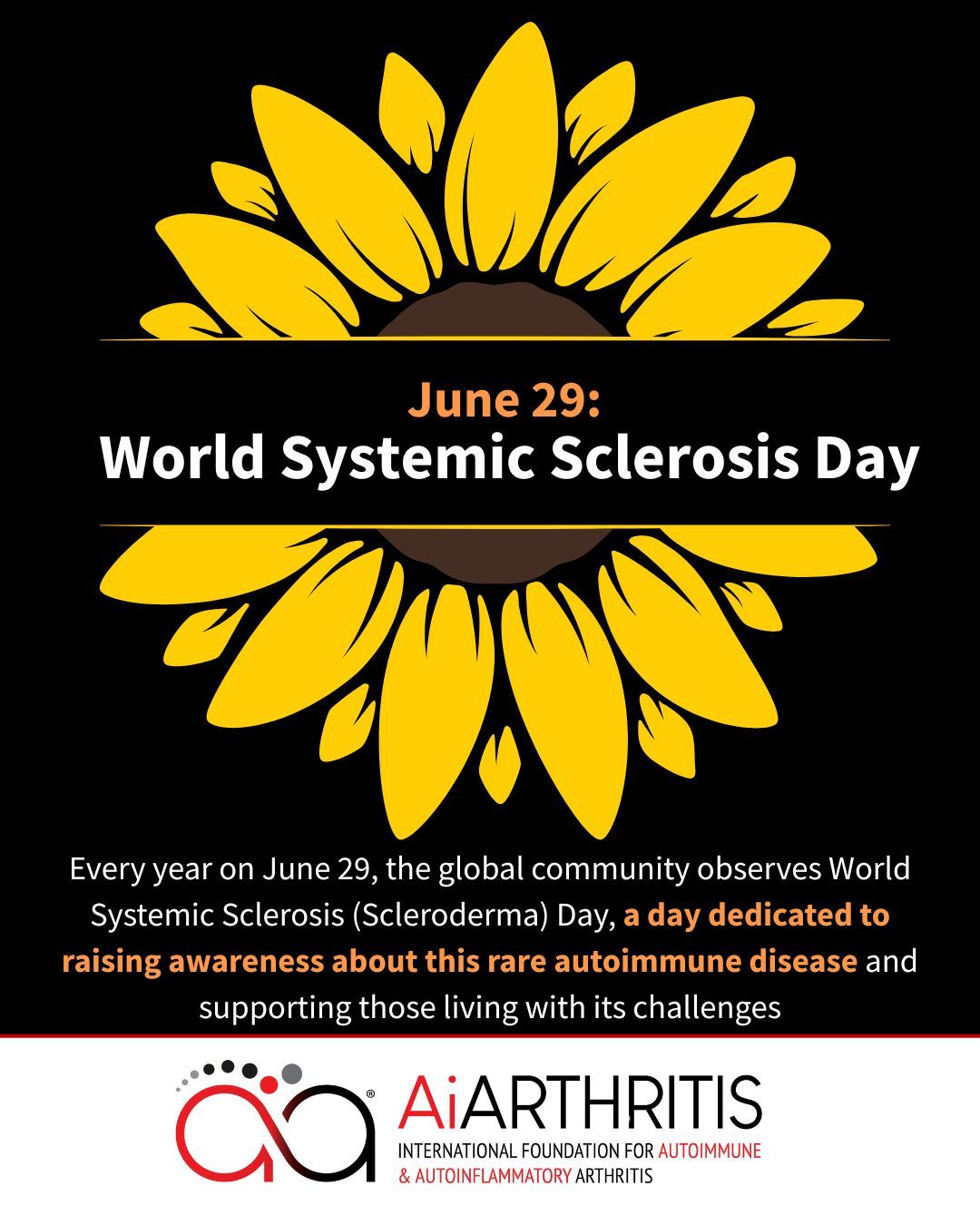 Poster for World Systemic Sclerosis Day. Sunflower design, black background, text promoting awareness on June 29.