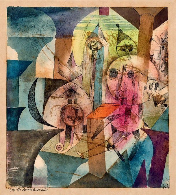 Abstract watercolor painting of figures with geometric shapes, muted colors.